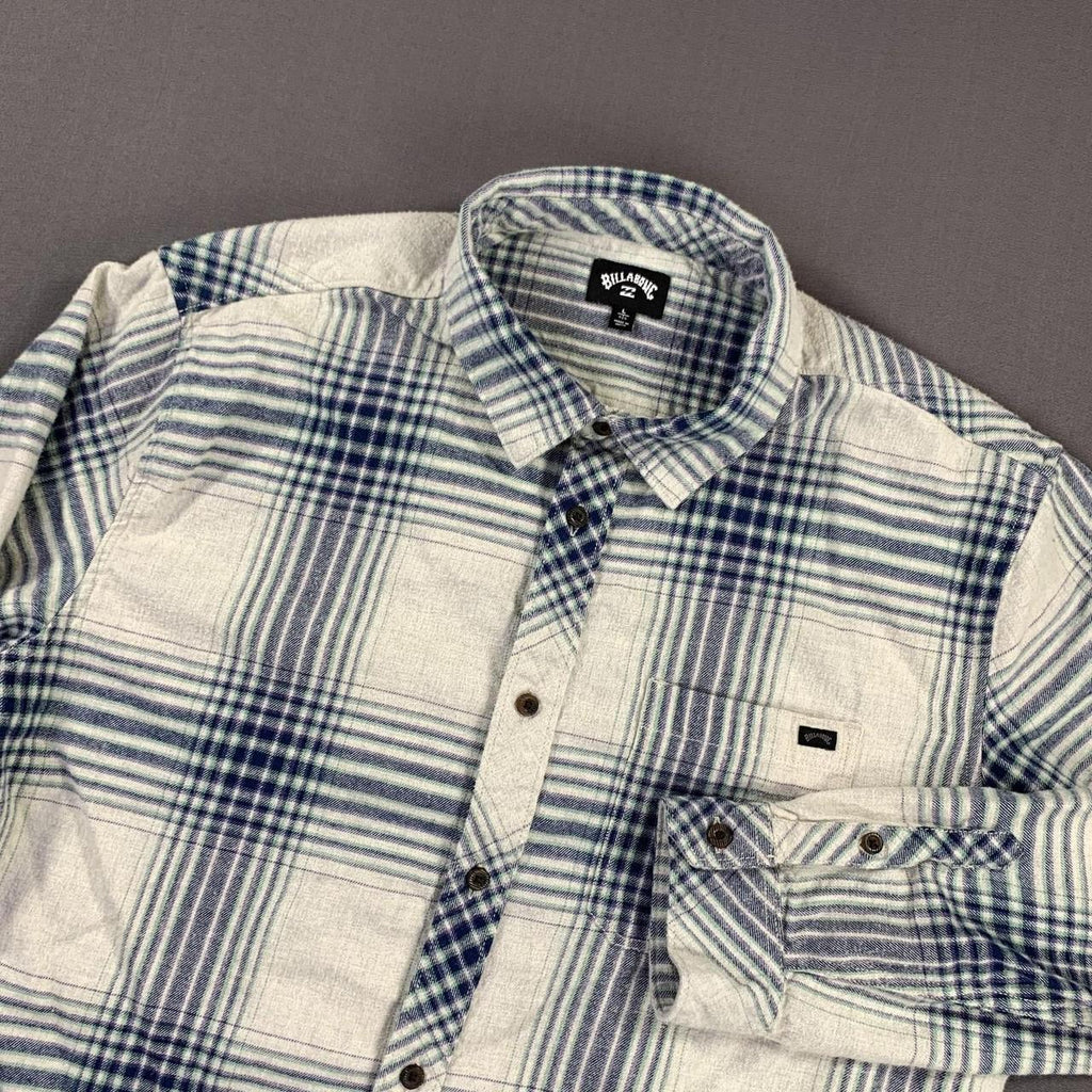 Billabong Shirt Men L Blue Cream Plaid Flannel Long