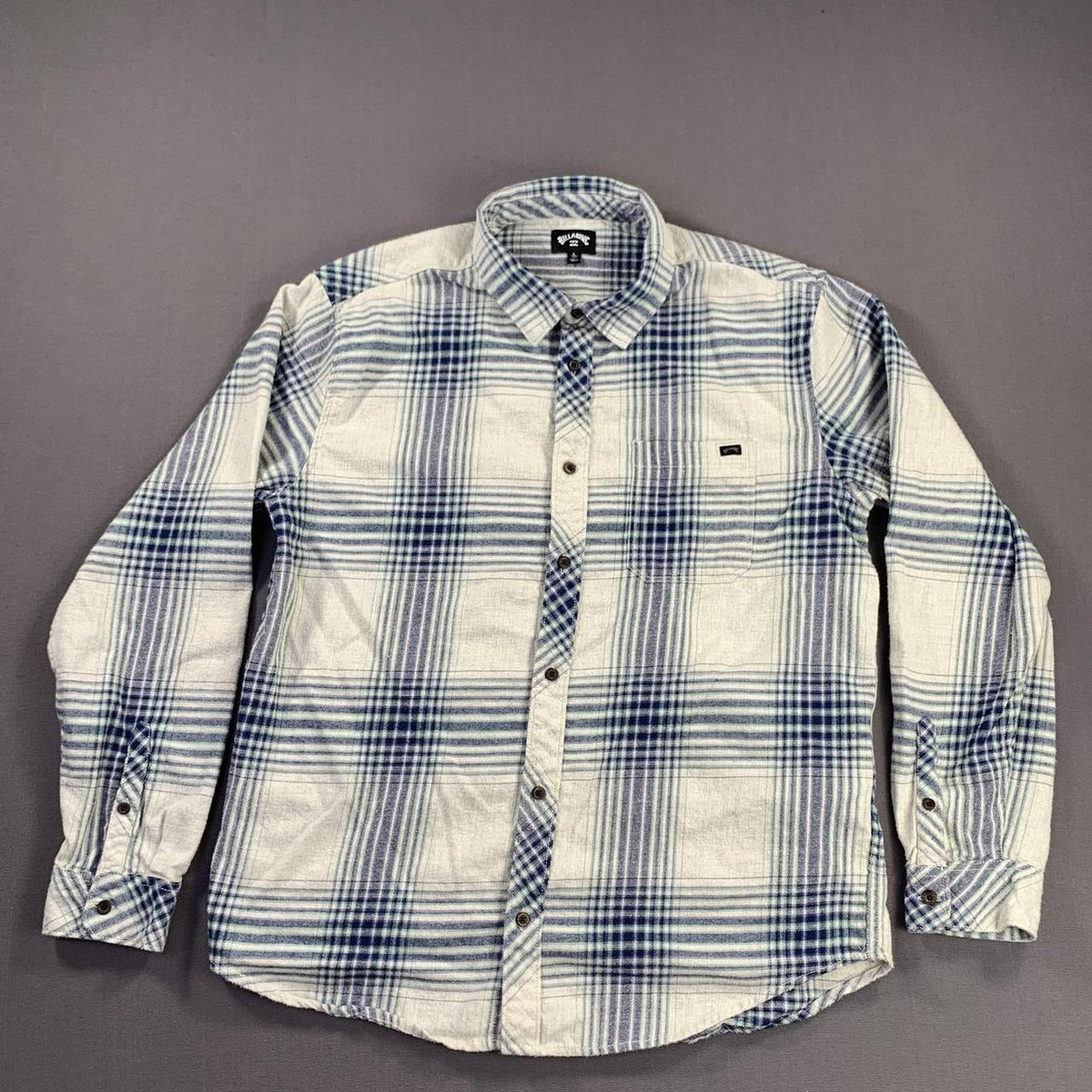 Billabong Shirt Men L Blue Cream Plaid Flannel Long, view 2
